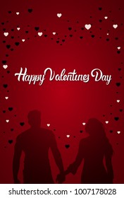 Happy Valentines Day Greeting Card Silhouette Couple Holding Hands Over Red Heart Shapes Background Flat Vector Illustration