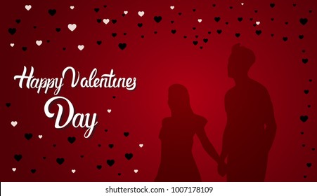 Happy Valentines Day Greeting Card Design Silhouette Couple Holding Hands In Heart Shape Background Flat Vector Illustration