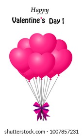 Happy Valentine's day greeting card with bunch of pink heart shaped balloons wrapped with festive bow flying for party and celebrations on white background. Vector Illustration.