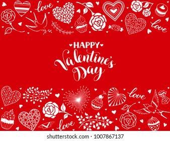 Happy Valentines Day greeting card with horisontal frame from hearts and floral elements. Romantic hearts in horisontal composition with calligraphic phrase on red background.