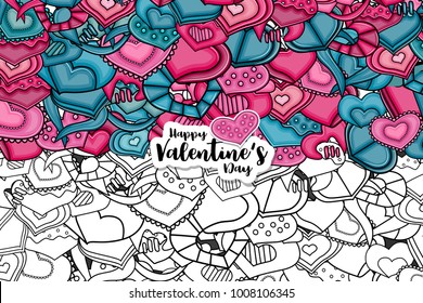 Happy Valentines day greeting card. Potlined black and white hearts. Coloring game. Vector illustration.