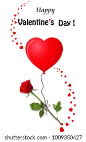 Happy valentine's day greeting card with flower of red rose flying on red heart shaped helium balloon on white background and confetti little hearts wave around. Vector romantic illustration.