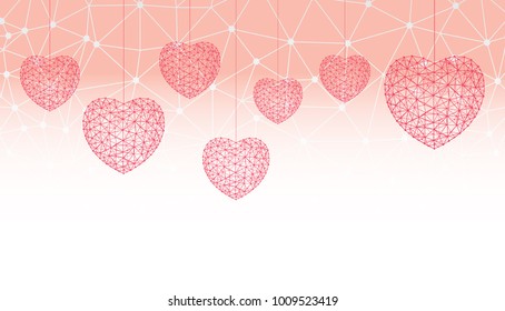 Happy Valentines day greeting card or banner witn hearts consisting of polygons and dots. Vector illustration. Perfect to use for print layouts, web banners design and other creative projects