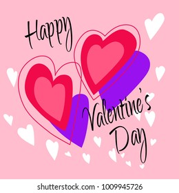Happy Valentine's Day Greeting Card of hearts on pink background, vector illustration. 