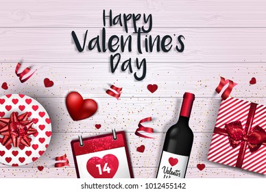 Happy Valentine's Day greeting card or banner. Top view on romantic composition with gift boxes, rose petals, bottle of wine and red hearts. Vector Illustration