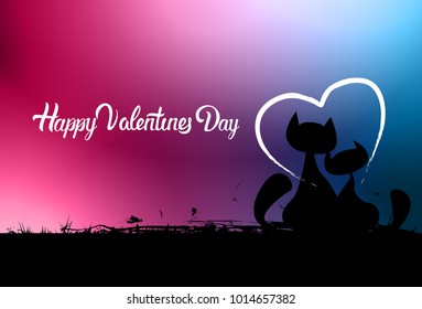 Happy Valentines Day Greeting Card With Cats Couple Silhouettes On Background Vector Illustration