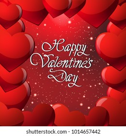 Happy Valentines Day Greeting Card Or Poster With Calligraphy Lettering And Glitter Heart Shape On Red Background Vector Illustration