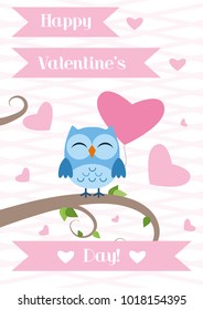 Happy Valentine's Day. Greeting card in flat style. Cute owl sitting on a tree. Vector Illustration. 