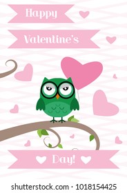 Happy Valentine's Day. Greeting card in flat style. Cute owl sitting on a tree. Vector Illustration. 