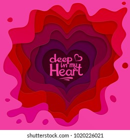 Happy Valentines Day greeting card. 3d paper cut heart with an inscription. Paper carving heart shapes with shadow. February 14.