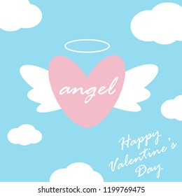 Happy Valentines day greeting card, heart with wings. Vector illustration.