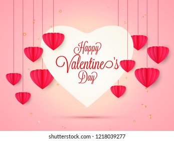 Happy Valentine's Day greeting card design decorated with red paper origami hearts hang on shiny pink background.