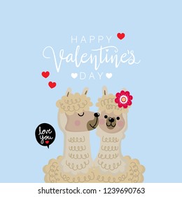 Happy Valentine's Day greeting card with alpaca. Animal cartoon character. calligraphy typography hand written.