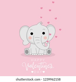 Happy Valentine's Day greeting card with cute baby elephant and hearts in pink background. Animal cartoon character vector. 