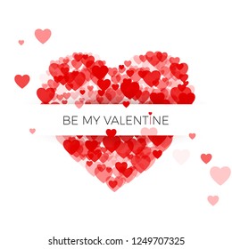 Happy Valentine`s day greeting card cover template. Heart frame with label. Heart consisting of a multitude of hearts with space for text. Vector illustration on white background