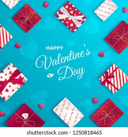Happy Valentine's Day greeting card. Top view on gift boxes in different packaging, candy in the form of heart. Festive romantic love background, web banner. Vector illustration.