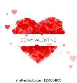 Happy Valentine`s day greeting card cover template. Heart frame with label. Heart consisting of a multitude of hearts with space for text. Holiday decoration element. Vector illustration