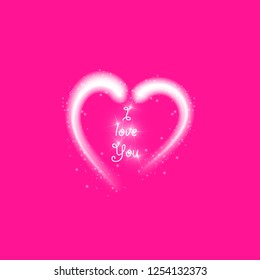 Happy Valentines Day greeting card. I Love You. 14 February. Holiday background with hearts and I Love You phrase., light, stars on plastic pink backgraund. Vector Illustration