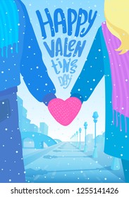 Happy Valentines Day greeting card. 14 February concept. Couple holding hands. Heart-shaped mitten. Handwritten inscription text. Vector cartoon flat style illustration. Urban scene on the background.