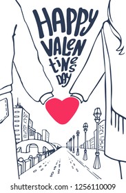 Happy Valentines Day greeting card. 14 February concept. Couple holding hands. Heart-shaped mitten. Handwritten inscription text. Vector cartoon line illustration. An urban scene on the background.