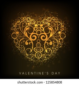 Happy Valentine's Day greeting card, gift card or greeting card with golden floral decorated heart on brown background. EPS 10.
