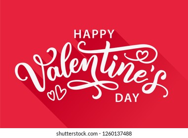 Happy Valentines Day greeting card on red background with long shadow. Hand drawn white text lettering for Valentines Day Vector illustration. Calligraphic design for print cards, banner