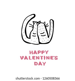 Happy Valentines Day greeting card template. Handwritten lettering with cats. Vector illustration.