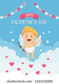 Happy Valentine's day greeting card with cute Cupid, clouds background, festive garland and lettering. Vector illustration in cartoon style