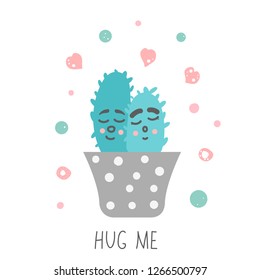 Happy Valentines Day greeting card template. Handwritten lettering Hug Me with cute cactuses. Vector illustration.