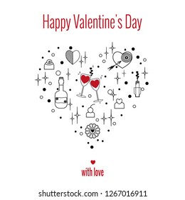 Happy Valentine's Day greeting card. Set of elements for holiday on white background. Vector drawing in linear style.