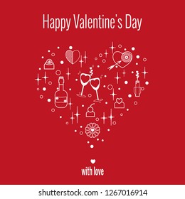 Happy Valentine's Day greeting card. Set of elements for holiday on red background. Vector drawing in linear style.