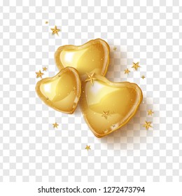 Happy Valentines day greeting card with 3d gold balloon hearts on transparent background. Vector illustration