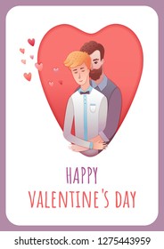 Happy Valentine's Day greeting card Cute funny gay couple. Two gay men hugging inside the heart. Cartoon style illustration. Holidays romance. Vector illustration of a homosexual couple of guys.