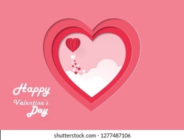 Happy Valentines Day greeting card, Paper art of love calligraphy with layer style, origami and valentine's day concept,  balloon clouds hearts in heart frame,  Vector illustration.