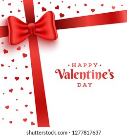 Happy Valentine's Day greeting card design with illustration of glossy red bow ribbon and tiny heart shapes.