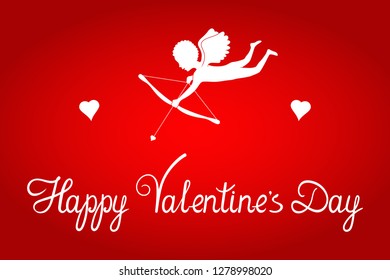 Happy Valentine's Day greeting card. Cupid with bow, arrow and heart. Original script letters. Vector design background.