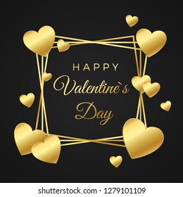 Happy Valentines day greeting card. Gold heart and frame with text on white background. Concept for Valentines banner. Vector illustration isolated on black background