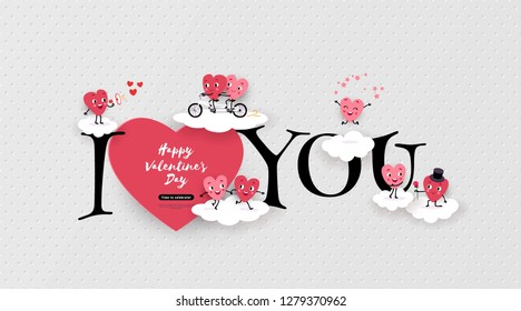 Happy Valentine's Day greeting card with a pair of animated hearts, inscription I love you. Romantic love story suitable for wedding, engagement, vector illustration