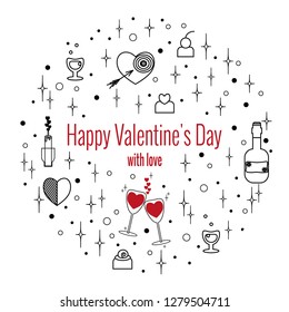 Happy Valentine's Day greeting card in shape of circle, linear style. Set of elements for holiday on white background. Vector drawing.