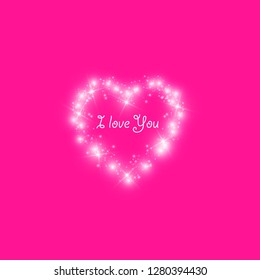 Happy Valentines Day greeting card. I Love You. 14 February. Holiday background with hearts with arrow, light, stars on transparent background. Vector Illustration