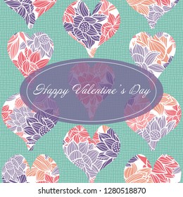 Happy Valentines day greeting card template with cut out heart shapes filled with a floral pattern on a canvas textured background. Fully editable vector format