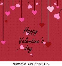 Happy Valentines Day greeting card decorated with pink heart shape on red background. 