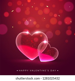 Happy Valentine's Day greeting card design with illustration of transparent heart shapes on brown bokeh background.