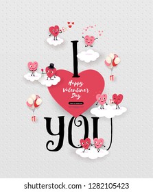 Happy Valentines Day greeting card with a pair of animated hearts, inscription I love you. Romantic love story suitable for wedding, engagement, vector illustration