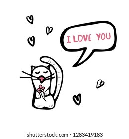 Happy Valentines Day greeting card template. Handwritten lettering I Love You with cat. Vector illustration.