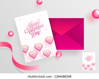 Happy Valentine's Day greeting card design with envelope on glossy background decorated with ribbons and pearls.