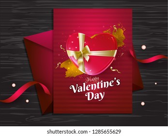 Happy Valentine's Day greeting card design on wooden texture background.