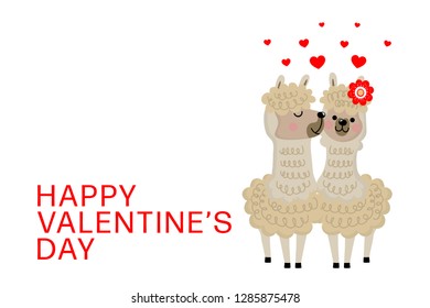 Happy Valentine's Day greeting card with alpaca. Animal cartoon character. Kawaii style. Love romantic vector.