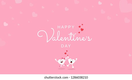 Happy Valentine's Day greeting card calligraphy handwriting with love heart and cute cartoon character on pink background. Vector illustration banner, wallpaper, poster, brochure template design.