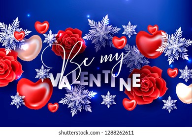 Happy Valentines Day greeting card with paper cut rose heart balloon snowflake gift boxes with red bow confetti light garland